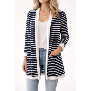 Magic Fit Coastal Striped Cardigan Navy White Lightweight Open Front Duster XL